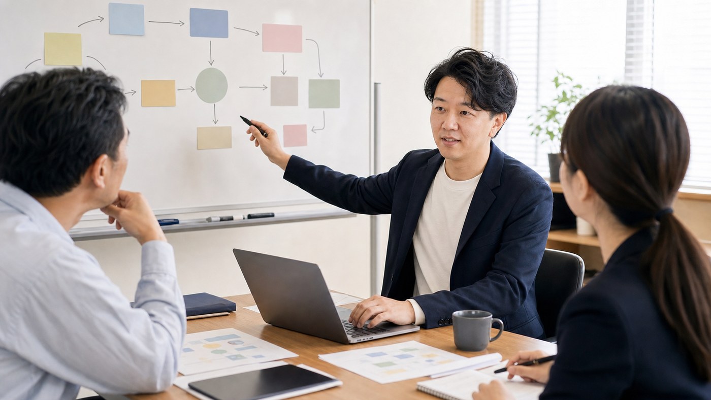 業務フローを見ながらAI活用を相談している打ち合わせ風景