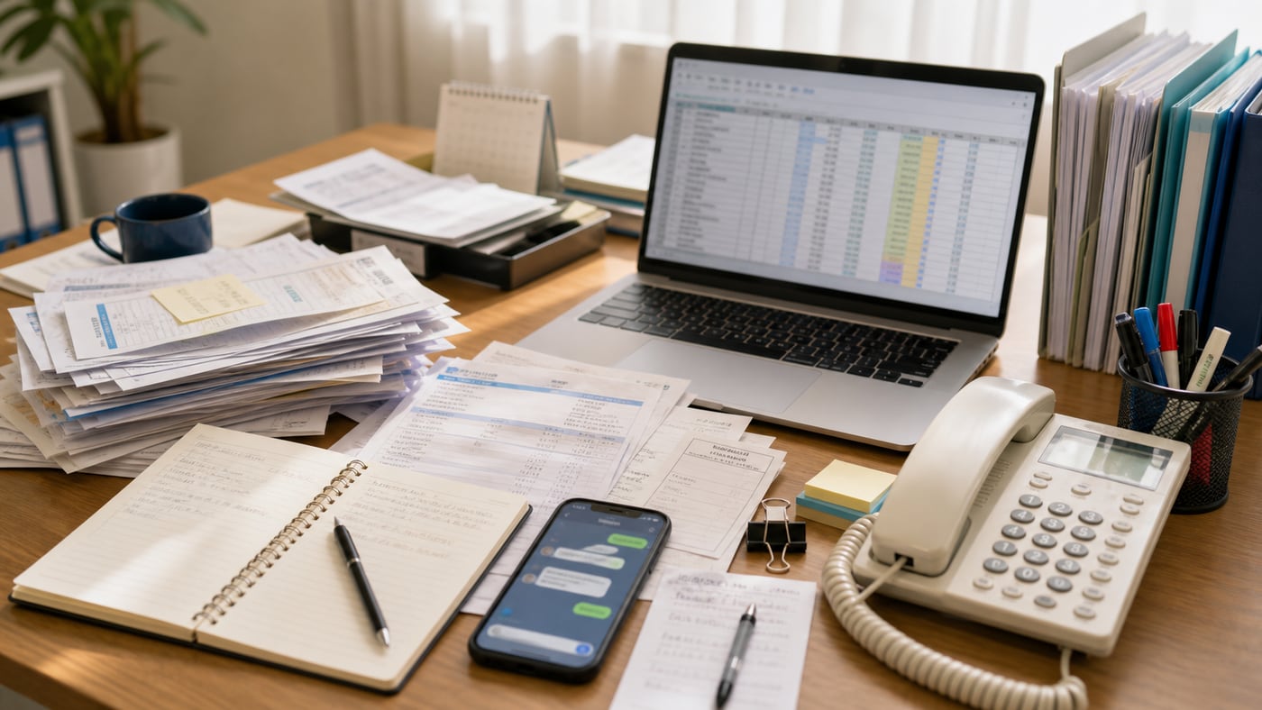 紙資料、Excel、電話、チャットが混在している中小企業の事務机