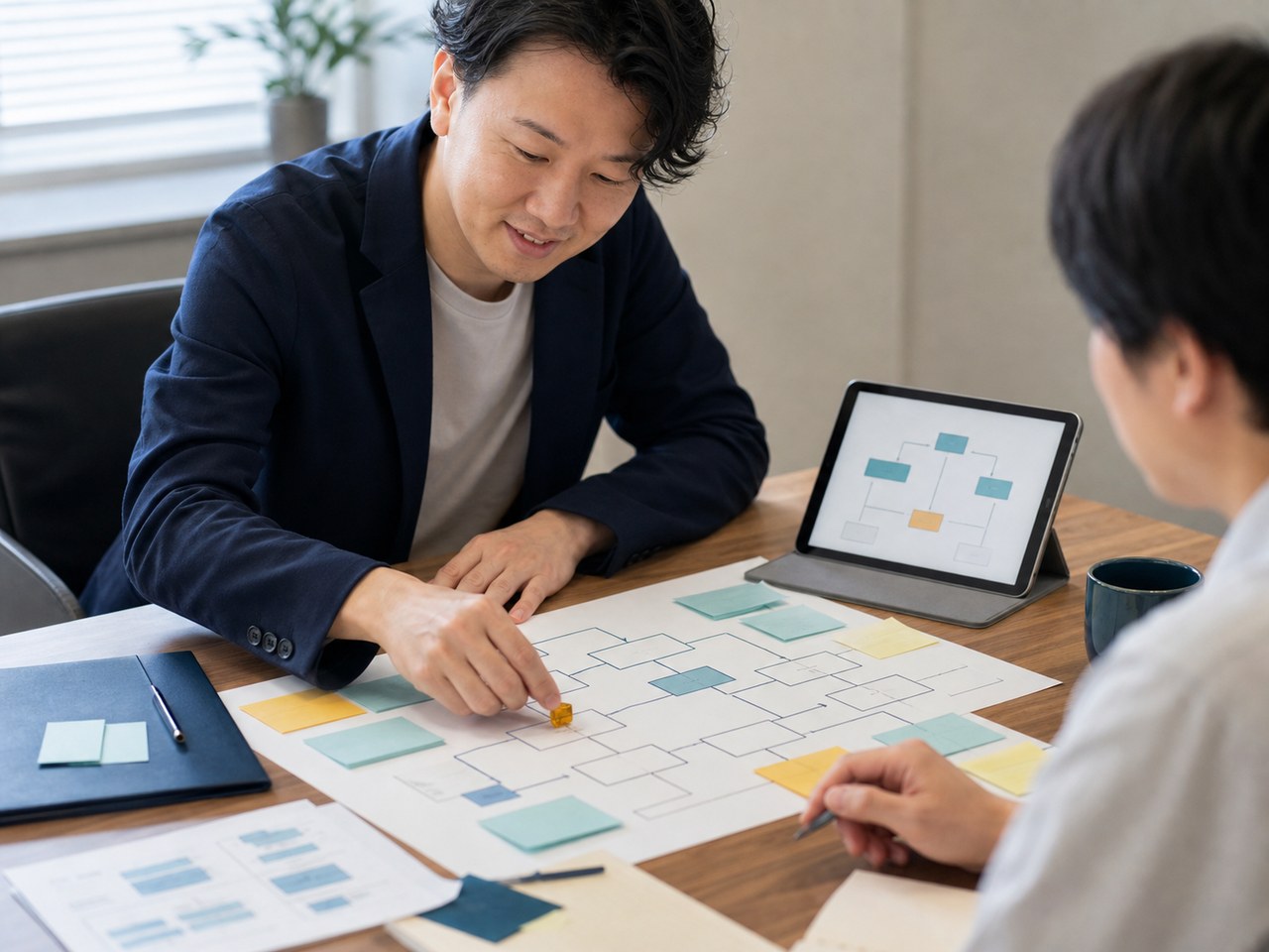 AI配属診断の現場 - 業務マッピングしながらAIをどこに配属するか相談している風景